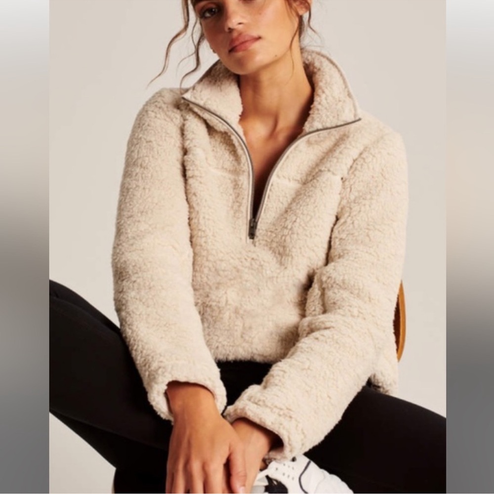 Abercrombie & Fitch Cozy Sherpa Half-Zip Olive Green Sweatshirt Jacket Size L